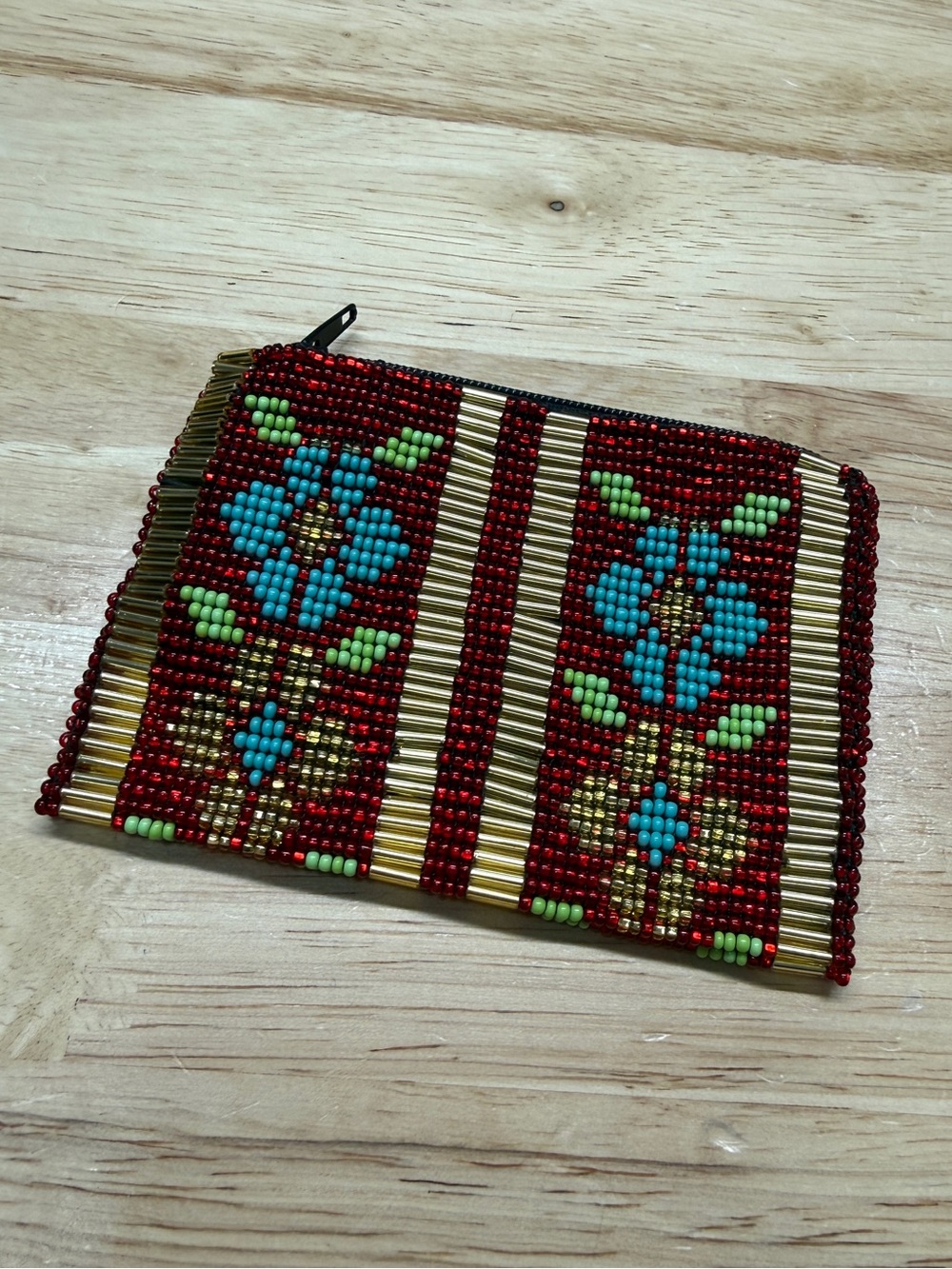 Hand Beaded Mexican Coin Purse 4x3” Colorful Floral Blue Gold Handmade
